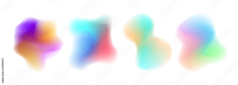 Poster set of blurred liquid shapes. defocused color gradient blobs or splashe isolated on white background
