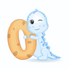 Cute Blue Dinosaur with number 0, cartoon illustration