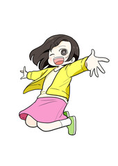 両手を広げてジャンプする女子