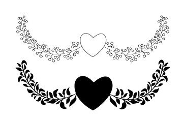 Branch, border black contour, wreath or border, elegant decoration in doodle style isolated on white background. 