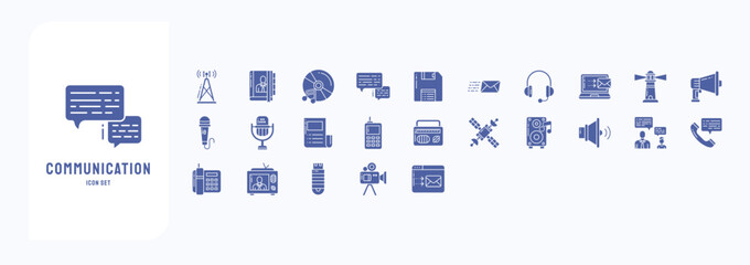 Collection of icons related to Communication, including icons like Antenna, Book, Chat, Diskette and more