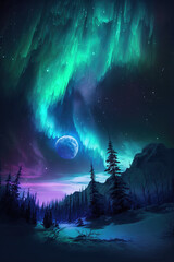 Fototapeta na wymiar Aurora Borealis Night Sky Background with Moon. Generate by ai