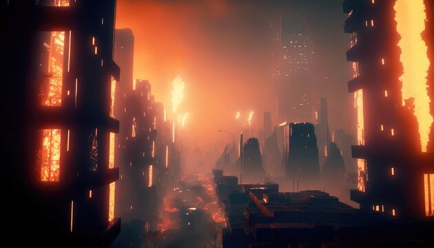 Burning city destroyed with fire apocalypse the end of the world