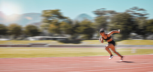 Speed, track and fast woman running for fitness health, exercise and workout for marathon race,...