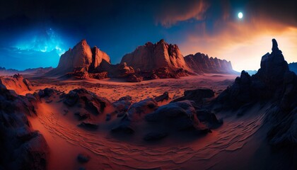 A panoramic landscape of the Martian terrain with a glowing aurora in the sky