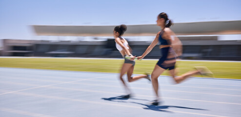 Speed race, relay and woman running in marathon competition, sports event or high energy track sprint. Action, moving and teamwork of fast athlete, runner or women cardio training for France olympics - Powered by Adobe