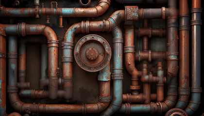 Rusty and old industrial background made up of pipes and pipeworks.