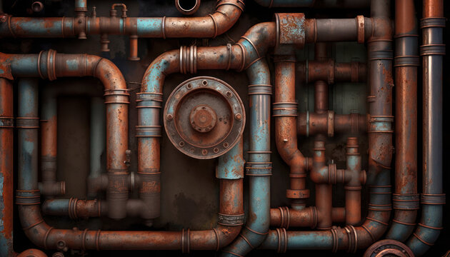 Rusty and old industrial background made up of pipes and pipeworks.