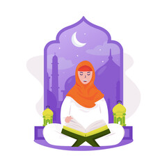 Islamic Ramadan flat illustration with a woman reading Quran