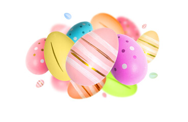 Collection of multicolored easter egg explosion isolated on white background. Selective focus