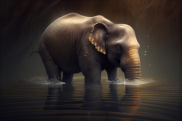Fototapeta na wymiar elephant in water with a dark background