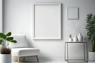 Armchair with empty blank picture frame mockup in scandinavian style on white wall. Generative ai interior concept