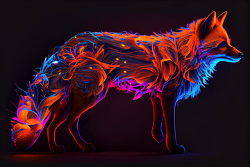 A colorful fox with glowing eyes is shown in a black background.