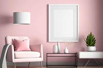 Living room with empty blank picture frame mockup in scandinavian style on pink wall. Generative ai interior concept