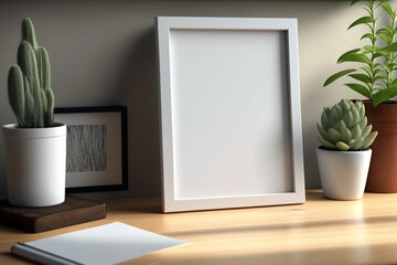 Empty blank picture frame mockup on wooden floor. Generative ai interior concept
