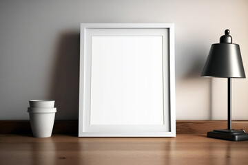 Fototapeta na wymiar Empty blank picture frame mockup on wooden floor. Generative ai interior concept
