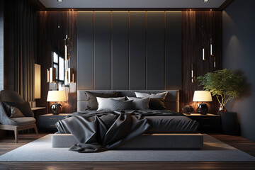 Luxury and modern bedroom with beautiful lamp and wall decoration. Generative AI interior design