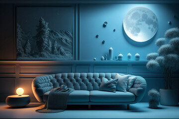 Stylish and modern blue interior with modern European sofa. Generative ai interior design