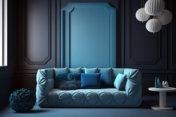 Stylish and modern blue living room with modern sofa and ornaments. Generative ai interior design