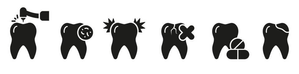 Dental Procedure Silhouette Icon Set. Orthodontic Care, Tooth with Caries Glyph Pictogram. Dental Treatment Solid Sign. Tooth Drilling, Cracked Teeth. Dentistry Symbol. Isolated Vector Illustration