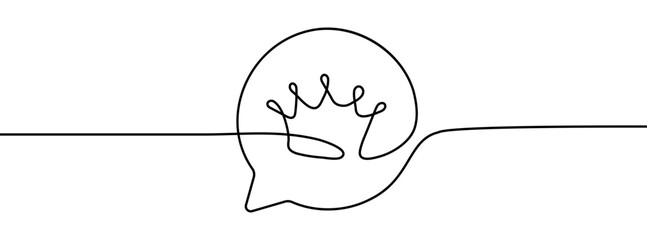Crown in the message bubble. One continuous line vector illustration isolated on white background
