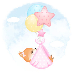 Cute Baby Fox with balloon newborn cartoon illustration