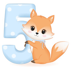 Cute Baby Fox with number 5, cartoon illustration