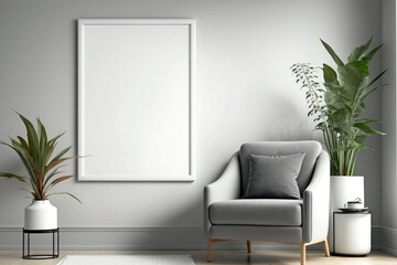 Armchair with empty blank picture frame mockup in scandinavian style on white wall. Generative ai interior concept