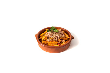Macaroni pasta with tuna in tomato sauce, served in a clay bowl. Isolated on a white background. Italian food concept.