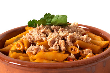 Macaroni pasta with tuna in tomato sauce, served in a clay bowl. Isolated on a white background. Italian food concept.