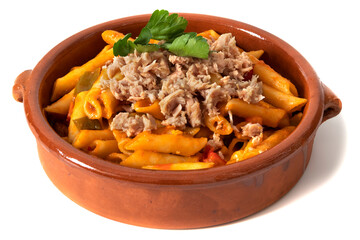 Macaroni pasta with tuna in tomato sauce, served in a clay bowl. Isolated on a white background. Italian food concept.