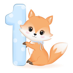 Cute Baby Fox with number 1, cartoon illustration