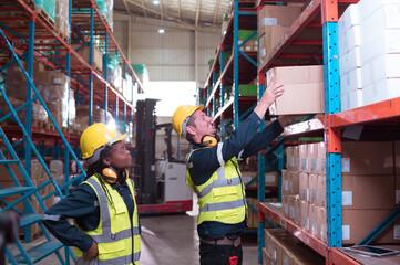 Foreman with employees in warehouse Help each other lift the product boxes to fill them all in the product shelf. After checking the product, it is missing.