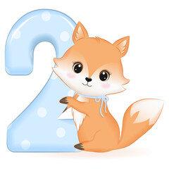 Cute Baby Fox with number 2, cartoon illustration