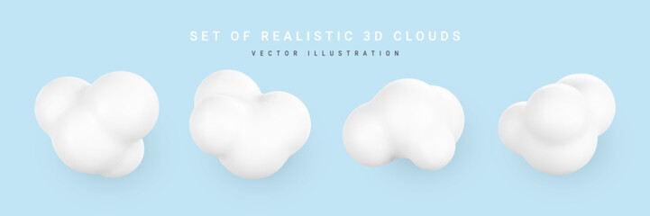 3d plastic clouds. Set of round cartoon fluffy clouds isolated on a blue background. Vector illustration