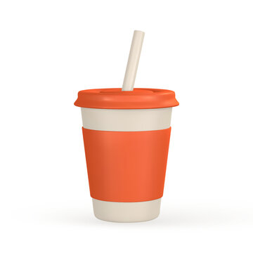 3d realistic paper cup with drinking straw. Glass for soda, juice, coffee, tea in cartoon style. Vector illustration