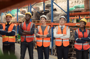 Portrait of Group employees in a warehouse, Consisting of Warehouse supervisors Distribution Manager and Warehouse Specialist