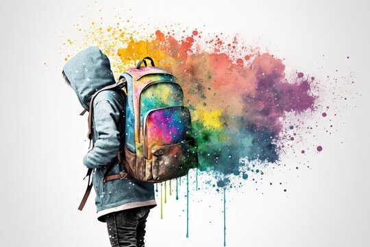 Colorful Education: Teenager with Backpack and Colorful Paint Splatters in Colorkey Scene | School and Colorful Learning