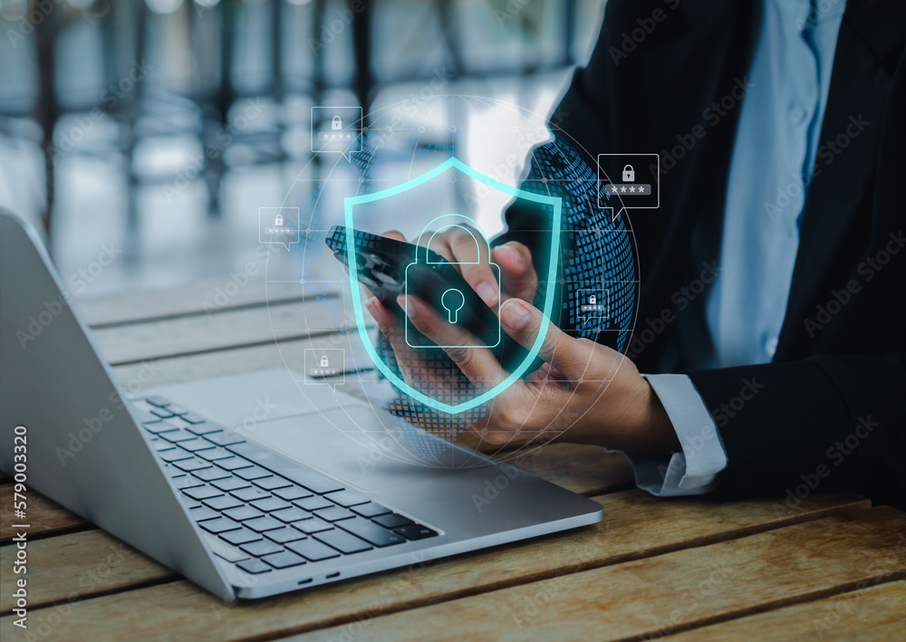 Poster cybersecurity system of global technology network on smart device, privacy digital data protection c