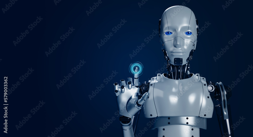 Aufkleber 3d rendering smart robot touching finger with glowing on virtual digital button on empty screen on dark blue background with copy space. Ai robotic, artificial intelligence human cyborg machine.