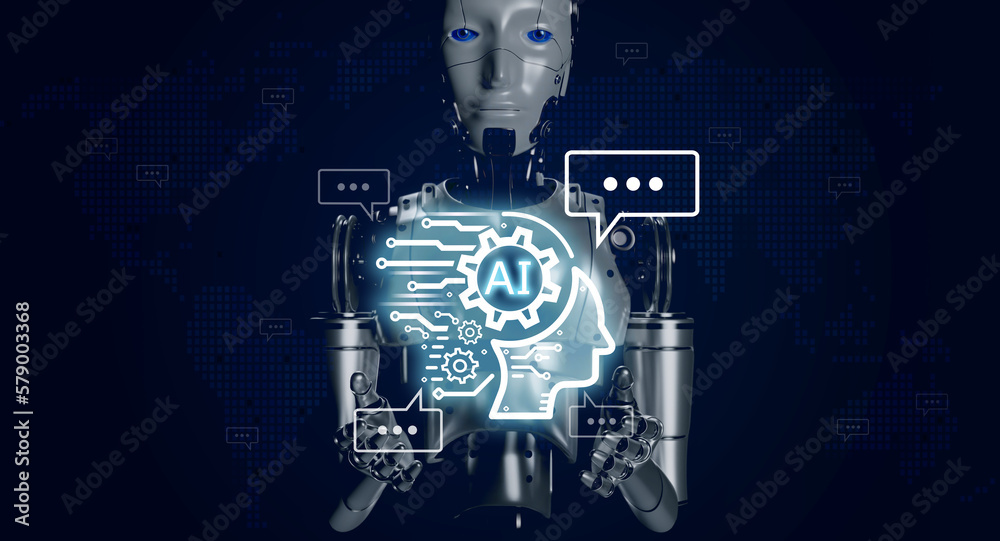 Poster 3d rendering smart robot showing glow ai management icon surrounded with digital chatbot speech on d
