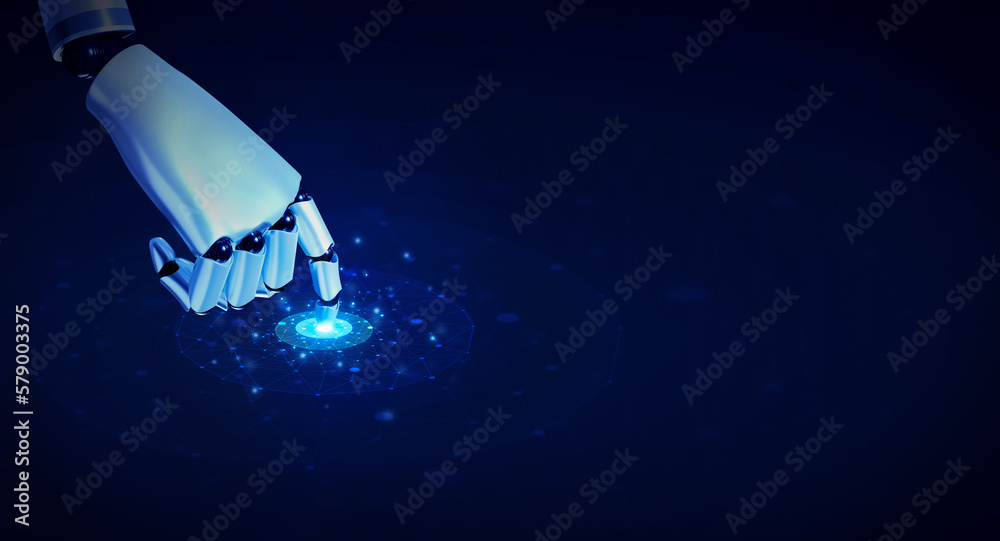 Poster 3d rendering humanoid robot hand touch on digital cyberspace button, circle ripple polygon network o