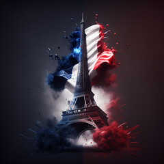 Fourteenth of July celebration with French flag colors, fireworks and eiffel tower created with Generative AI technology  - obrazy, fototapety, plakaty
