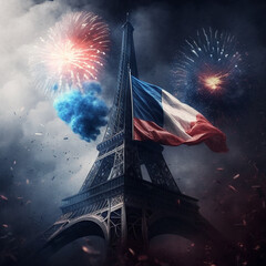 Fourteenth of July celebration with French flag colors, fireworks and eiffel tower created with Generative AI technology  - obrazy, fototapety, plakaty