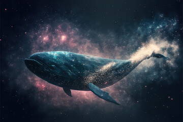 Fototapeta premium Ilustración fantástica de una ballena nadando en el mar con destellos de pequeñas luces a su alrededor. Genrative AI