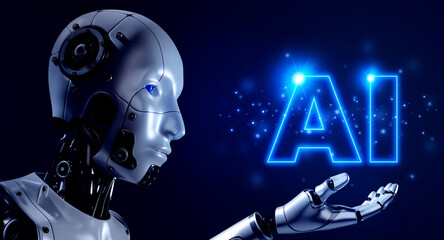 Obraz na płótnie Canvas Close-up 3d rendering humanoid robot portraits holding AI tech, shining hologram text glowing on blue background. Futuristic AI robotic humanoid, artificial intelligence service technology concept.