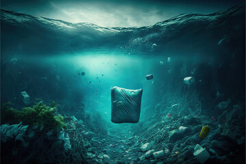 Ilustración de una imagen de debajo del mar donde se aprecia la basura acumulada. concepto sostenibilidad del planeta tierra. Generative AI - obrazy, fototapety, plakaty