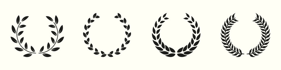 Circle Leaf Award for Winner Glyph Pictogram. Victory and Prize Sign. Laurel Wreath Silhouette Icon Set. Triumph Emblem. Vintage Olive Leaves Symbol. Champion's Trophy. Isolated Vector Illustration