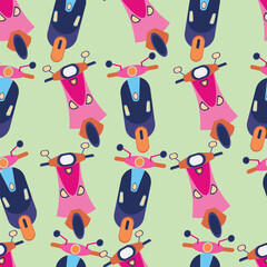 Scooty Kids Seamless Repeat Pattern Pink and Blue toy scooter on light green background for babies fabric, kids clothing, kids bedding, kids wallpaper, covers and cards 