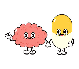 Cute, funny happy brain and pill character. Vector hand drawn cartoon kawaii characters, illustration icon. Funny cartoon brain and pill friends concept